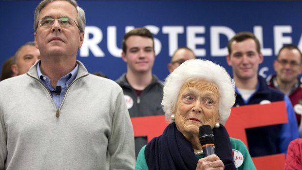 Barbara Bush, mother of Republican presidential candidate Jeb Bush, introduces her son at a town hall meeting in Derry, New Hampshire, earlier this month.