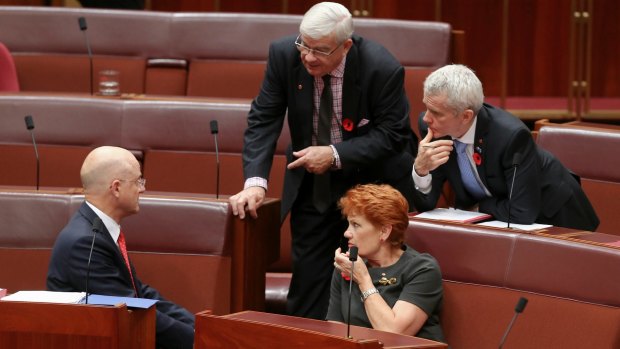 Liberal Democrat senator David Leyonhjelm and One Nation senators Brian Burston, Pauline Hanson and Malcolm Roberts.