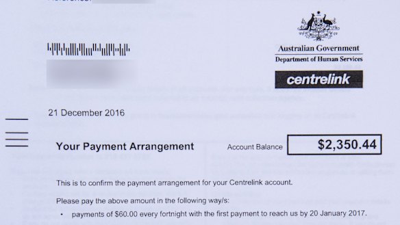 A Centrelink debt recovery notice received in December.
