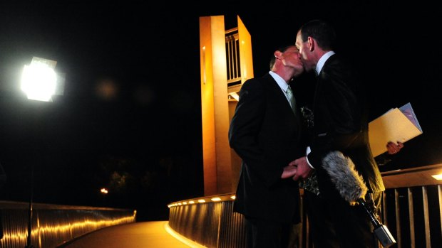 Joel and Alan Player after marrying at the National Carillon in 2013