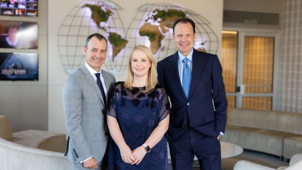 Ten network's CEO, Paul Anderson and  network programmer Beverley McGarvey with Armando Nunez (right), president and CEO of CBS Studios International, who oversees the Ten operation.