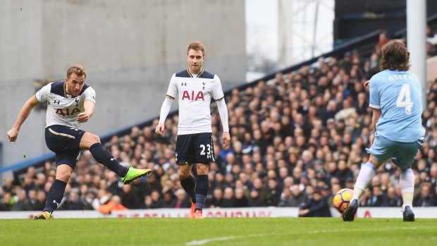 Harry Kane completes his hat-trick against Stoke at White Hart Lane on Sunday.
