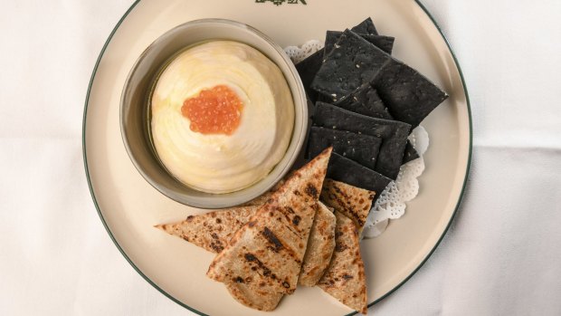 Whipped cod roe with charcoal crackers and roti-like bread.
