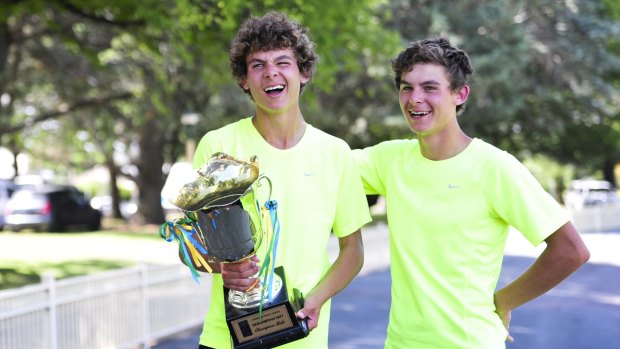 Twins Thomas and Jack Newman celebrate after last year's Queanbeyan Gift.  