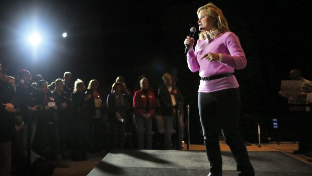 Heidi Cruz, wife of Republican presidential candidate Ted Cruz, speaks during a visit with her husband to Janesville, Wisconsin.