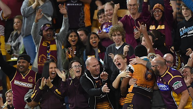 Anthony Milford of the Broncos celebrates scoring a try during the NRL qualifying final match between the Brisbane Broncos and the North Queensland Cowboys at Suncorp Stadium last week. 