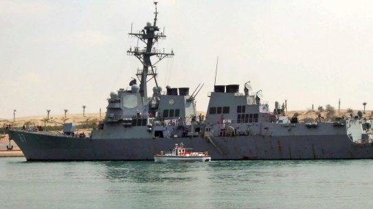 The destroyer the USS Mason sails in the Suez canal in Ismailia, Egypt.