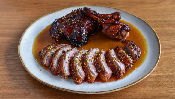 Honey-glazed roast duck.