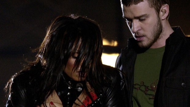 Janet Jackson and Justin Timberlake during the 2004 halftime "wardrobe malfunction".