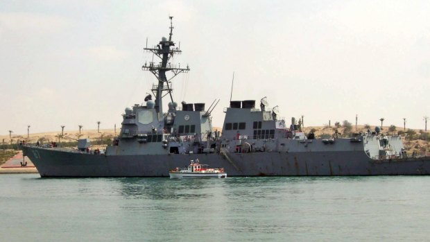 The destroyer the USS Mason sails in the Suez canal in Ismailia, Egypt.