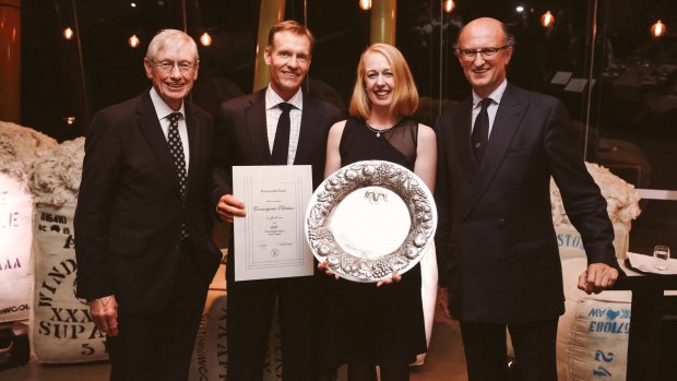 Winners of the Superfine Wool Trophy, David and Angie Waters (centre) with Paolo Zegna (far right).