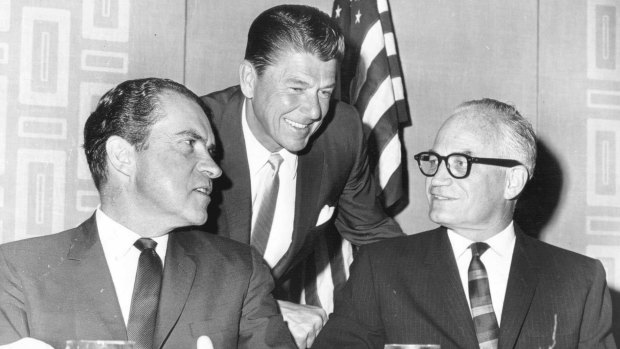 Barry Goldwater, right, with Richard Nixon, left, and Ronald Reagan in Phoenix in 1965 at a testimonial dinner to honour the 1964 Republican presidential candidate.