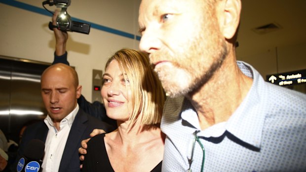 Tara Brown and Stephen Rice arrive at Sydney International Airport after the Beirut saga.