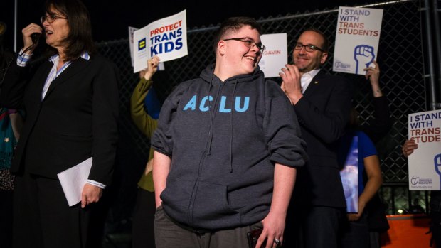 Gavin Grimm, centre, a transgender boy whose suit against the Gloucester County School Board is going before the Supreme Court.