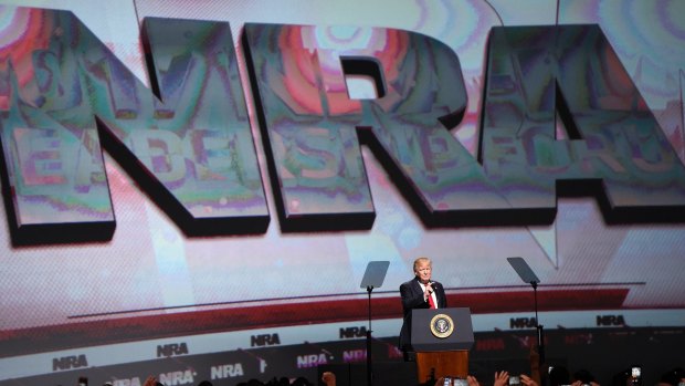 President Donald Trump speaking to the National Rifle Association Leadership Forum in Atlanta.