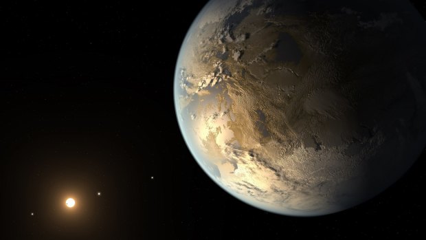 Artist's impression of an earlier discovered exoplanet, Kepler-186f. Unlike Kepler-452b, this planet orbits a cooler red dwarf.