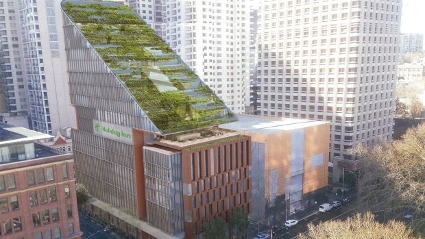 Sydney's new Holiday Inn will open in 2020, with a green sloping roof.