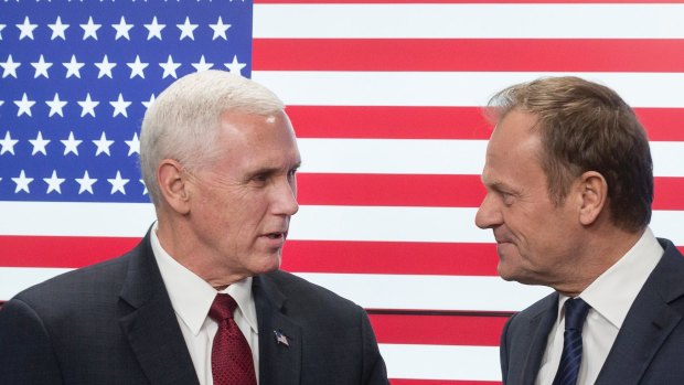 Mike Pence, left, and EU Council President Donald Tusk in Brussels.