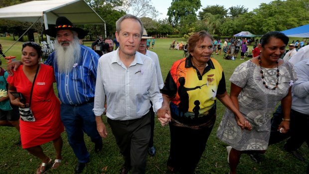 Opposition Leader Bill Shorten at a Sorry Day event in Darwin on Thursday with ALP candidate for Territory seat of Karama, Ngaree Ah Kit, senator Pat Dodson, Eileen Cummings who was removed as a 4-year-old and senator Nova Peris.