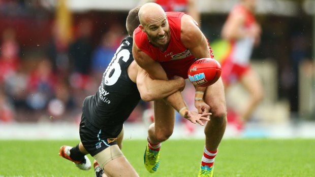 On the ball: Swan Jarrad McVeigh hand balls to a teammate against Port Adelaide at the Sydney Cricket Ground.