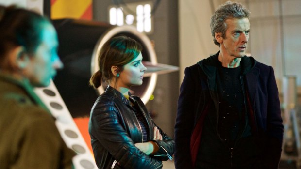 Sophie Stone, Jenna Coleman and Peter Capaldi in Dr Who, episode three.
