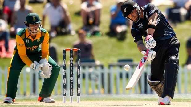 Brendon McCullum hits a six during the warm-up against New Zealand.