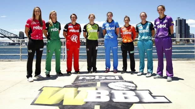 Ready to rumble: WBBL players Ellyse Perry, Meg Lanning, Rachael Priest , Alex Blackwell, Tahlia McGrath, Nicole Bolton, Beth Mooney and Amy Satterthwaite pose for a photograph during the Women's Big Bash League launch.