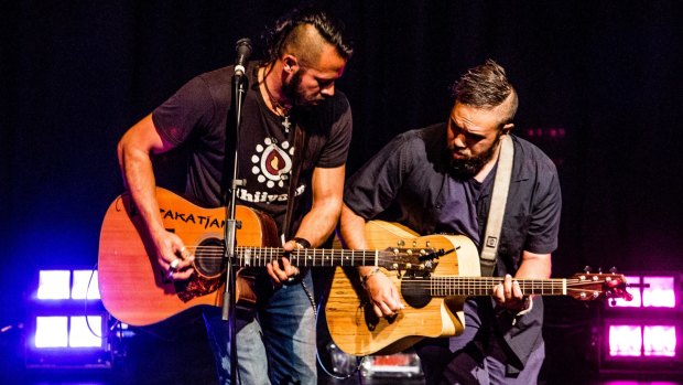 Jonathan Lindsay-Tjapaltjarri Hermawan (left) and Dion Forrester are producing a unique brand of music. 