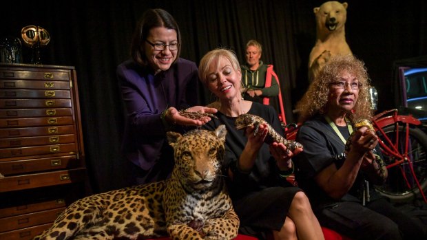 State Families Minister Jenny Mikakos, Museums Victoria CEO Lynley Marshall, and Indigenous curator Veronica Barnett at Melbourne Museum.