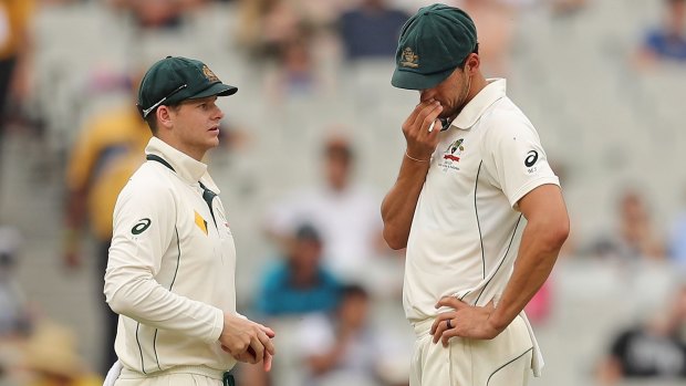 Australian captain Steven Smith with Mitchell Starc on Tuesday.