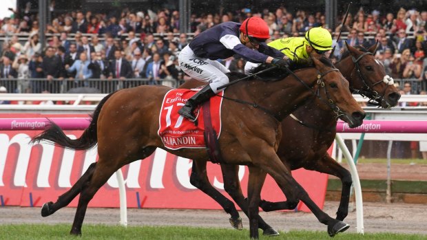 Almandin edged out Heartbreak City in a driving finish to the Melbourne Cup.