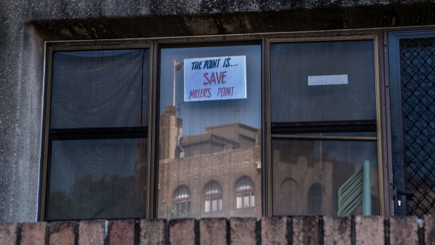 A sign hangs on the exterior of the Sirius building at 36-50 Cumberland Street.