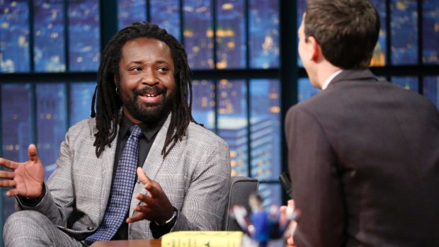 Author Marlon James during an interview with host Seth Meyers on <em>Late Night with Seth Meyers</em>.