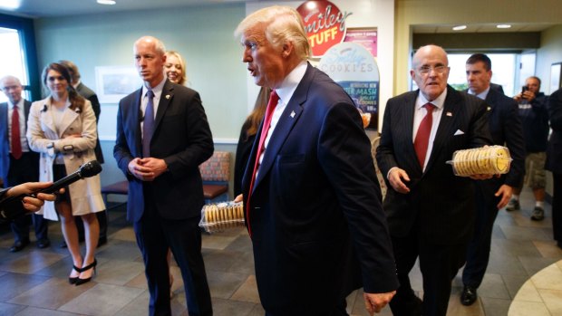 Republican presidential candidate Donald Trump visits an Eat'n Park restaurant in Moon Township, Pennsylvania.