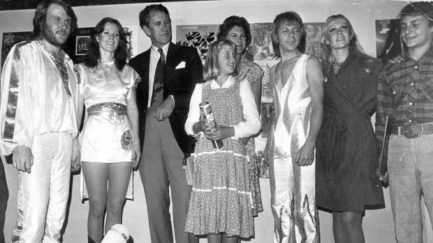 Malcolm Fraser and his family meet ABBA before the concert backstage at the Sidney Myer Music Bowl.