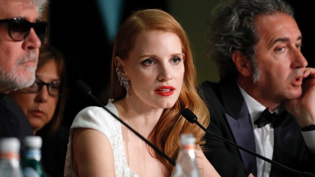 Speaking out: Jessica Chastain at Cannes with president of the jury Pedro Almodovar and jury member Paolo Sorrentino.