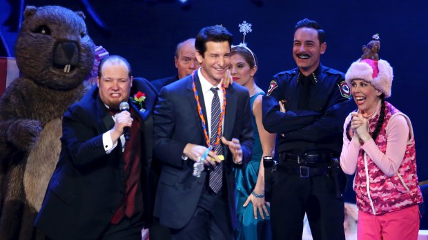 Andy Karl, centre, and the cast of Groundhog Day The Musical.