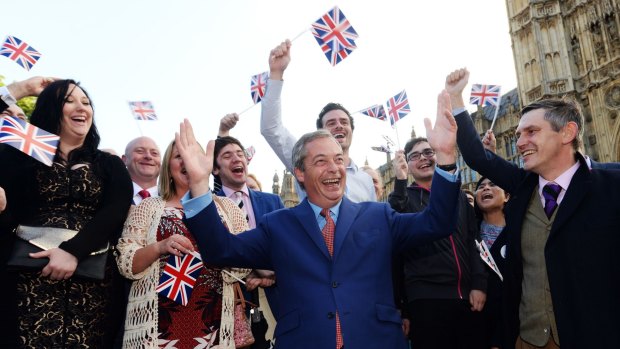 Nigel Farage, the leader of the UK Independence Party celebrates the Brexit result with his supporters in London.