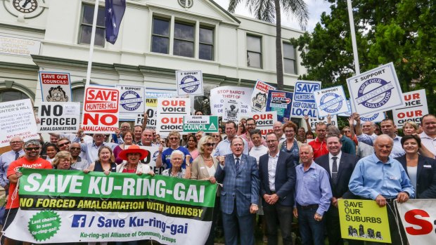 Save Our Councils Coalition rallies at Strathfield Town Hall on Saturday. 