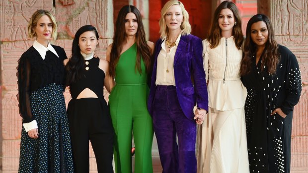 Sarah Paulson, left, Awkwafina, Sandra Bullock, Cate Blanchett, Anne Hathaway and Mindy Kaling from Ocean's 8.