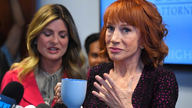 Kathy Griffin, right, talks about the backlash since she released a photo and video of her displaying a likeness of President Donald Trump's severed head.