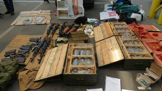 The ammunition and explosives confiscated by Ukrainian Intelligence Agency SBU on display at the Yahodyn border crossing on the Ukrainian-Polish border.