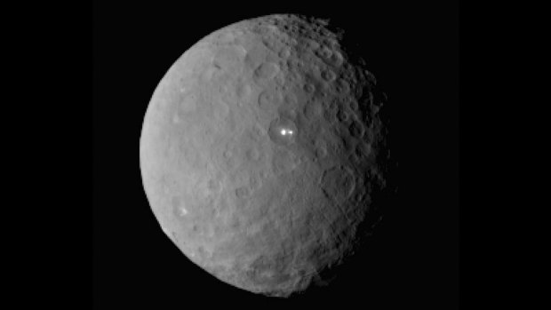 Mystery: Two bright spots on dwarf planet Ceres in a picture taken by NASA's Dawn spacecraft.