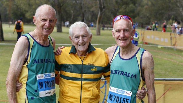Masters Legend John Gilmour (centre) with cross country gold medallist Don Mathewson and silver medallist Jim Langford. 