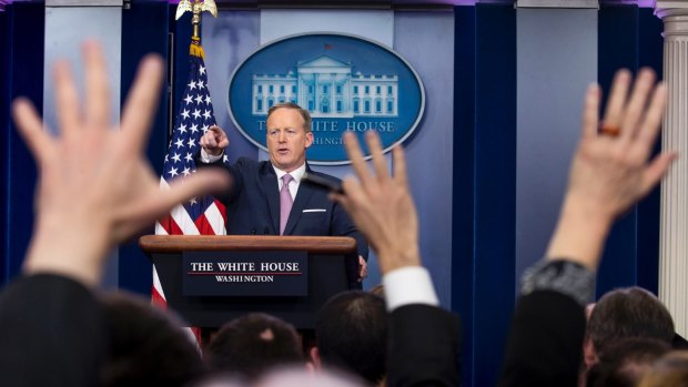 White House press secretary Sean Spicer answers questions during his first briefing in the White House.