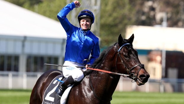 Super hoop:  James McDonald celebrates after winning the Roman Consul Stakes on Exosphere. 