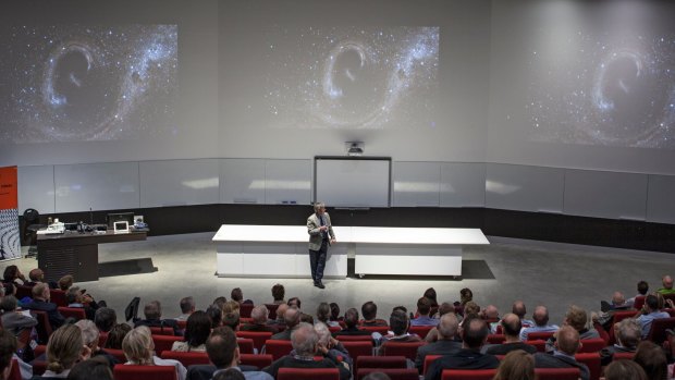 LIGO director Professor David Reitze speaking about gravitational waves in the Harry Messel theatre, Sydney Nanoscience Hub, University of Sydney.