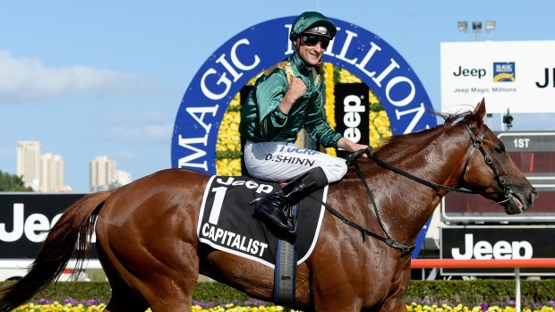 Class above: Blake Shinn returns to scale aboard Capitalist after winning the Magic Millions Classic on the Gold Coast.