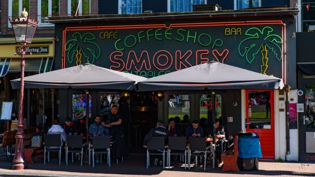 A coffeeshop at Rembrandtplein square in Amsterdam, Netherlands.