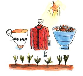 Life under a frugal star: a broken cup, clothes from an op shop, a bowl of brown rice and lentils, and vegies growing in the ground.